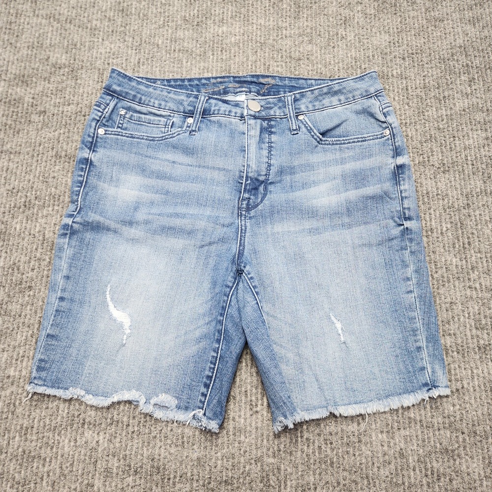 Seven7 Bermuda Shorts Womens 12 Blue Light Wash Distressed Raw Hem Stretch Denim